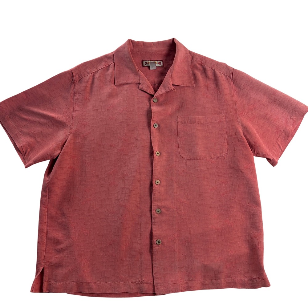 Caribbean Joe Mens XL Coral Red Palm Tree Jacquard Camp Shirt Rayon Blend